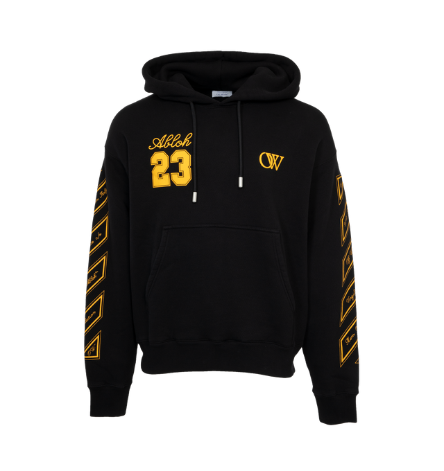 Image 1 of 4 - BLACK - OFF-WHITE OW 23 Skate Hoodie featuring hood with drawstring, ribbed cuffs and hem, front and sleeve logo details and one front kangaroo pocket. 95% cotton, 5% elastane. 