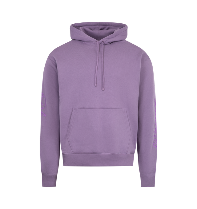 Image 1 of 3 - PURPLE - PLEASURES Scrawl Cotton Blend Hoodie featuring relaxed fit, drawstring hood, ribbed cuffs and hem and kangaroo pocket. 50% cotton, 50% polyester.
