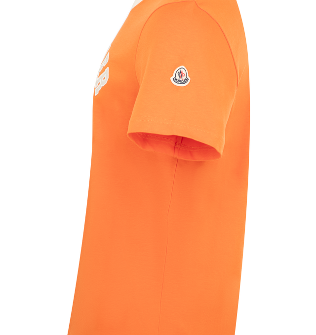 Image 3 of 3 - ORANGE - MONCLER Embroidered Logo T-Shirt featuring cotton piquet, v-neck, short sleeves, jacquard logo label and embroidered logo. 100% cotton. Made in Turkey.