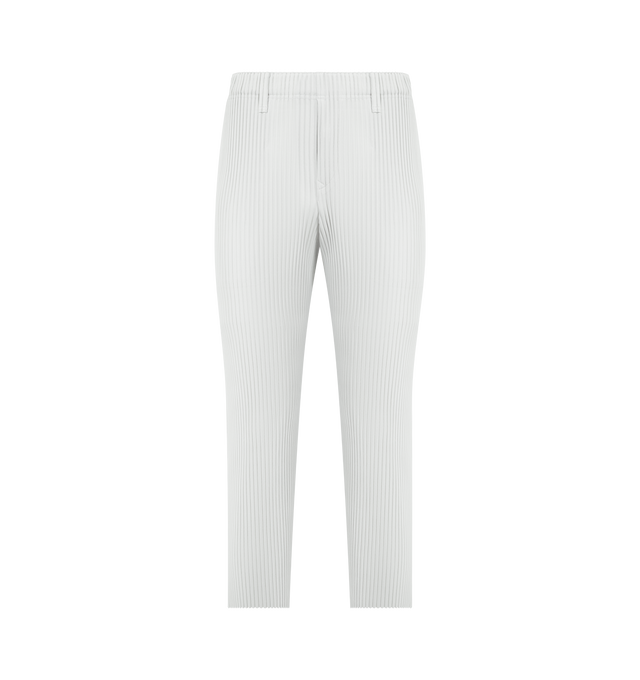 Image 1 of 3 - GREY - ISSEY MIYAKE Basics Pants featuring signature pleated style, straight fit, lightweight fabric, breathable polyester, elastic waistband and button fly. 100% polyester. Made in Philippines.