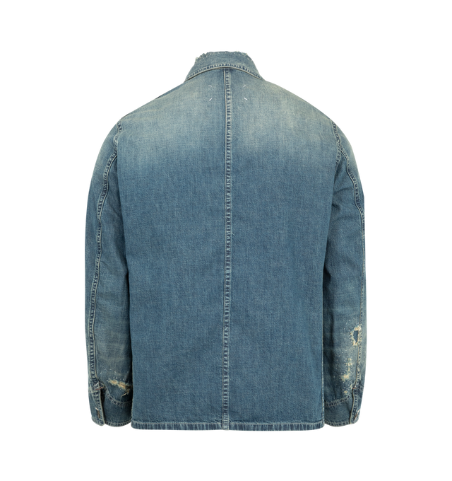 Image 2 of 3 - BLUE - MAISON MARGIELA Denim Caban Jacket featuring 8 oz. japanese denim, distressed details with visible repairs, long sleeves, shirt collar, front closure with buttons and four stitches at the back. 100% cotton. Made in Italy.