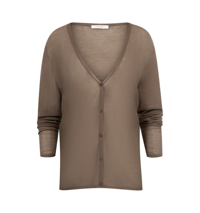 Image 1 of 2 - BROWN - THE ROW Kasem Cardigan featuring light v-neck cardigan in ultrafine textured cashmere with relaxed fit and front button closure. 100% cashmere. Made in Italy.