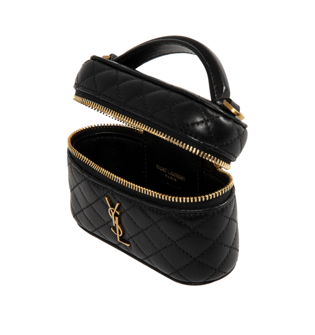 Image 3 of 3 - BLACK - Saint Laurent micro version of the GABY vanity sized to fit small items such as AirPods, keys, lipstick, and cards. Decorated with the CASSANDRE and diamond-quilted overstitching. Crafted from Lambskin and fully lined in leather, featuring a detachable chain strap for multiple carry options, bronze-toned hardware, zip closure, one card slot. Measures 4.7" x 3.1" x 1.6" with 1.8" handle drop and 21.7" strap drop. Made in Italy