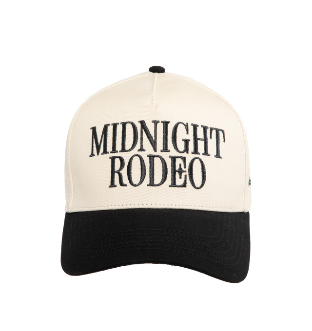 Image 1 of 2 - WHITE - Midnight Rodeo "Reverso" Classic Trucker Hat is crafted from cotton twill and features the brand's signature Midnight Rodeo logo embroidered at the front, "You're Not Dreaming" embroidery at the side panel, and an MR logo embroidered at the back. Designed with an adjustable fit and detailed embroidery throughout, this classic trucker-style cap is finished with a custom lining featuring Midnight Rodeo branding. Main Material: Cotton Twill.