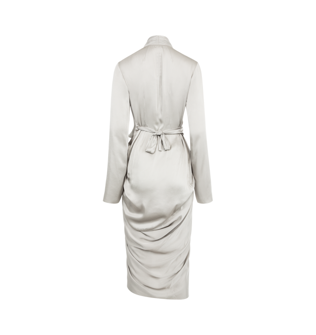 Image 2 of 2 - SILVER - RICK OWENS Wrap Midi Dress featuring wrap construction, shawl collar, plunging Y-neck, self-tie closure, central slit at front hem and unlined. 53% viscose, 47% acetate. Made in Italy.