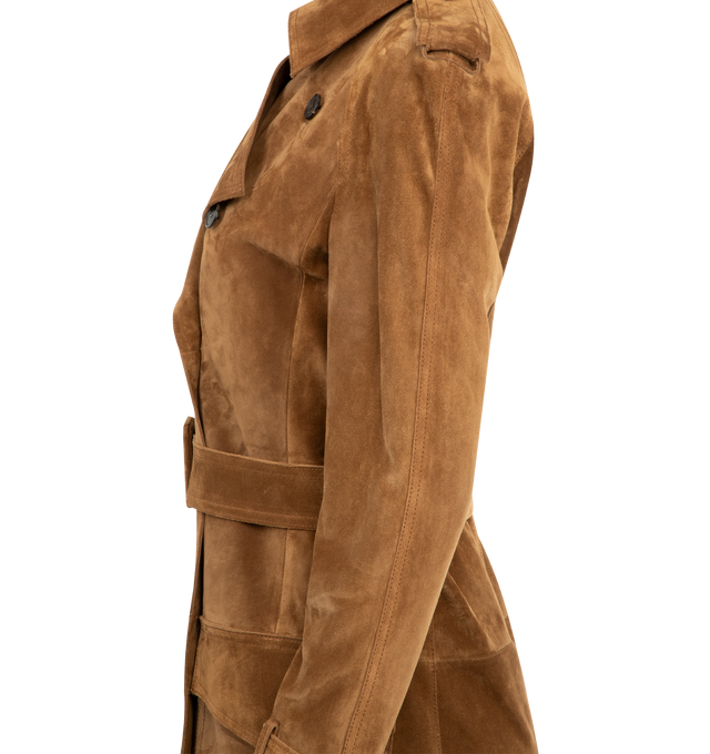 Image 3 of 3 - BROWN - SAINT LAURENT Trench Coat in Suede featuring cupro and cotton lining, double-breasted, eight-button closure, two patch pockets with flap at the front, one inner jetted pocket, two-way ulster collar, strapped cuffs, adjustable and detachable belt, buttoned epaulets and single back vent. 100% cowhide. Made in Italy.