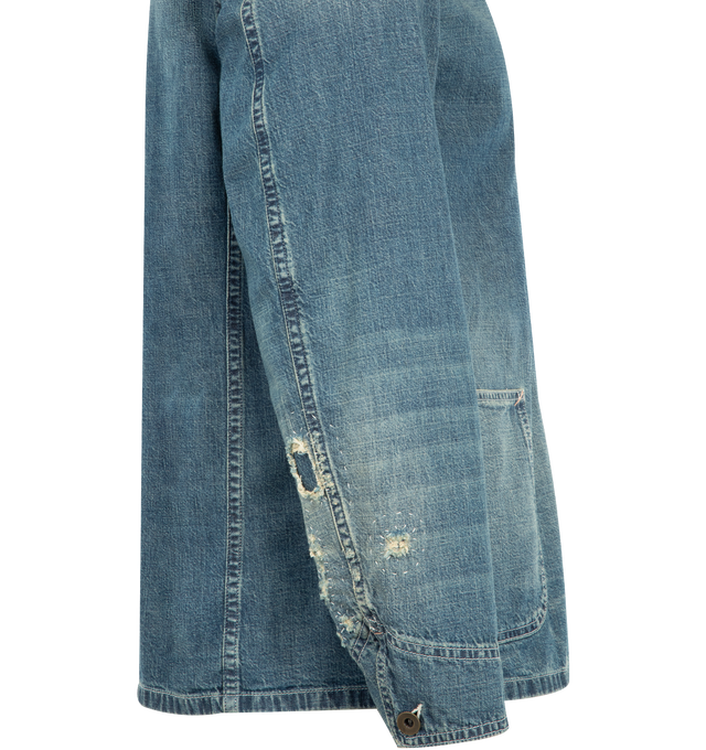 Image 3 of 3 - BLUE - MAISON MARGIELA Denim Caban Jacket featuring 8 oz. japanese denim, distressed details with visible repairs, long sleeves, shirt collar, front closure with buttons and four stitches at the back. 100% cotton. Made in Italy.