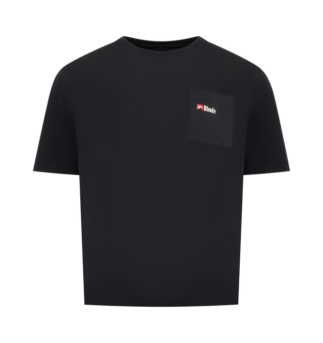 Image 1 of 2 - BLACK - RHUDE Moonlight Wolf Pocket T-shirt featuring patch pocket with logo on front, graphic print on back, jersey cotton, crewneck, short sleeves and pulls over. 100% cotton. Made in USA.