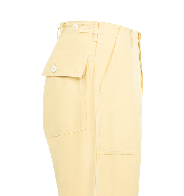 Image 3 of 3 - YELLOW - KAPTAIN SUNSHINE Baker Pant featuring straight leg, baggy fit, side tabs, front patch pockets and buttoned back flap pockets. 100% cotton. Made in Japan.
