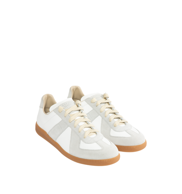Image 2 of 5 - WHITE - MAISON MARGIELA Replica Sneakers featuring lace-up sneakers in buffed nappa calfskin and calfskin suede, contrasting sole, Maison Margiela logo label on the tab, internal Replica label, internal elastic and all-over Maison Margiela logo insole. 100% calf leather. Sole: 100% rubber. Made in Italy.