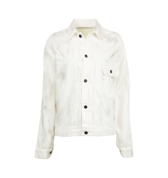 Image 1 of 2 - WHITE - FULLCOUNT 2107 Denim Jacket featuring button front closure, flap pocket on the chest, back adjustment straps, long sleeves with buttoned cuffs, collar and bar-tacked at stress points for durability. 100% cotton.