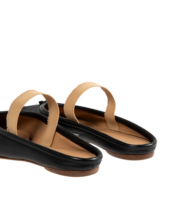 Image 3 of 4 - BLACK - MAISON MARGIELA Tabi Leather Ballerina Mules featuring slip-on style, low stacked heel, elasticated strap, raw edge, split toe, branded footbed and leather sole. 100% leather. Made in Italy.