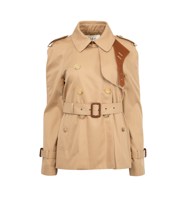 Image 1 of 3 - BROWN - CHLOE Short Trench Coat in cotton gabardine featuring a lambskin-trimmed chin-strap collar, engraved horn buttons and a removable buckled belt. A storm flap, shoulder tabs and cuff tabs finish this piece. 100% cotton.