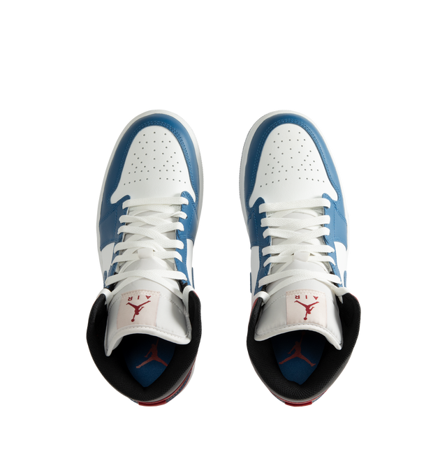 Image 5 of 5 - MULTI - Men's Air Jordan 1 Mid Sneakers feature a leather, synthetic leather, and textile upper with the iconic mid-top silhouette for a timeless heritage look. These lifestyle sneakers combine lightweight Nike Air cushioning, a foam midsole, and a durable rubber outsole with a pivot-circle traction pattern for lasting comfort, support, and reliable grip. Main Material: Leather, Synthetic Leather, and Textile. Midsole: Foam with Nike Air Cushioning. Sole: Rubber.