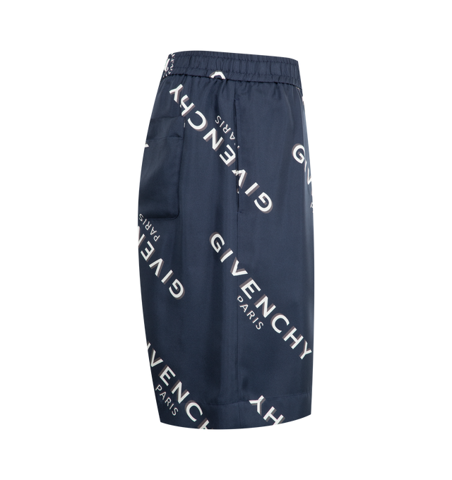 Image 3 of 3 - NAVY - GIVENCHY Bermuda Shorts featuring elastic waist with drawstring, GIVENCHY Shadow printed all-over, two side pockets and one back pocket. 100% silk.