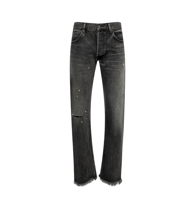 Image 1 of 3 - BLACK - SEEKINGS Slim Jeans featuring vintage wash with distressing throughout, 5 pocket styling, button fly, mid rise, slim leg, raw cut hem, leather patch on back of waistband and logo engraved hardware. 100% cotton. Made in Japan.