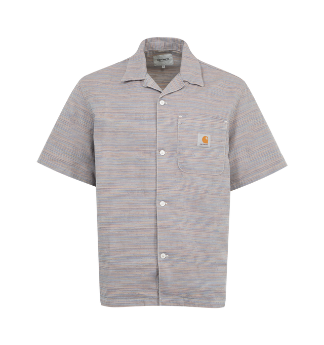 Image 1 of 2 - GREY - CARHARTT WIP Gellar Stripe Shirt featuring a loose fit, midweight cotton, allover jacquard stripes, woven Square Label, short sleeves, yarn-dyed, front closure with buttons and chest pocket. 100% cotton.