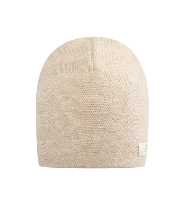 Image 1 of 3 - CHAMPAGNE - JACQUEMUS Chevron Knit Beanie in wool and cashmere featuring chevron pattern knit, unfolded shape and logo tag embroidered on the side. 70% virgin wool, 30% cashmere. Made in Italy.