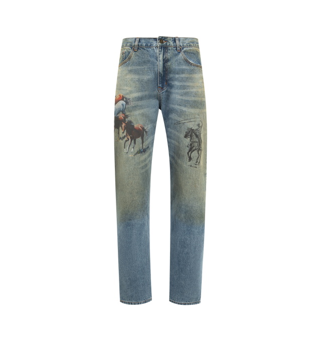 Image 1 of 4 - BLUE - ONE OF THESE DAYS All Over Print Straight Leg Jeans featuring zip fly and button closure, 5-pocket styling, printed graphic detail and intentionally faded denim. 100% cotton.