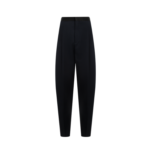 Image 1 of 3 - BLUE - BOTTEGA VENETA Wool Grain De Poudre Pants featuring zip and hook closure, satin waistband, side welt pockets, darts and double welt pocket on the back. 100% wool.
