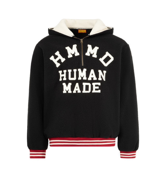 Image 1 of 2 - BLACK - HUMAN MADE Half-Zip Fleece Pullover featuring heavyweight fleece, zip opening hood with contrasting lining, front half-zip closure, embroidery patch logo on front and striped and ribbed cuffs and hem. 100% polyester.