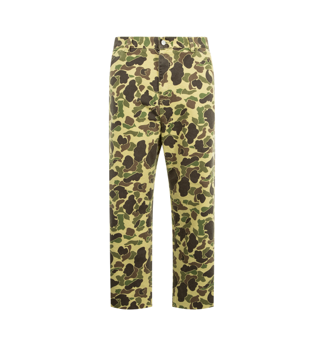 Image 1 of 3 - GREEN - CARHARTT WIP Duck Single Knee Pants featuring zip fly and button closure, relaxed tapered fit, regular waist, allover print, triple stitched, bartack stitching at vital stress points, tool pockets and hammer loop and square label. 100% cotton.