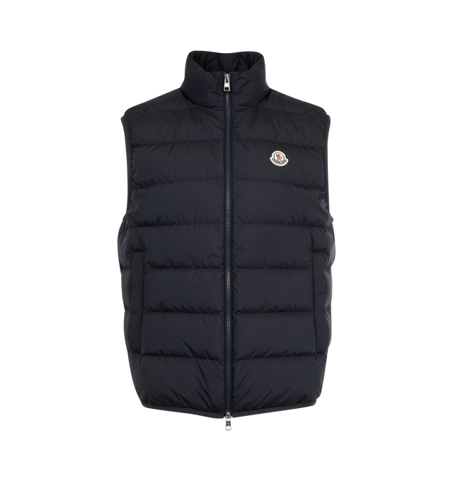 Image 1 of 2 - NAVY - MONCLER Contrin Down Vest polyester lining, down-filled, zipper closure, pockets with snap button closure, zipped inner pocket and logo trim. 100% polyester. Padding: 90% down, 10% feather.