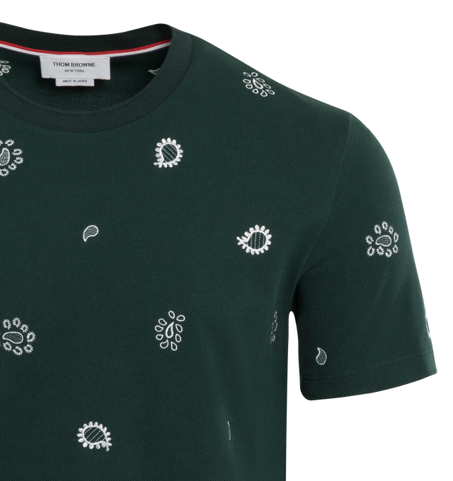 Image 3 of 3 - GREEN - THOM BROWNE short sleeve straight cut T-shirt with allover paisley embroidered pattern. 100% Cotton. Made in Italy. 