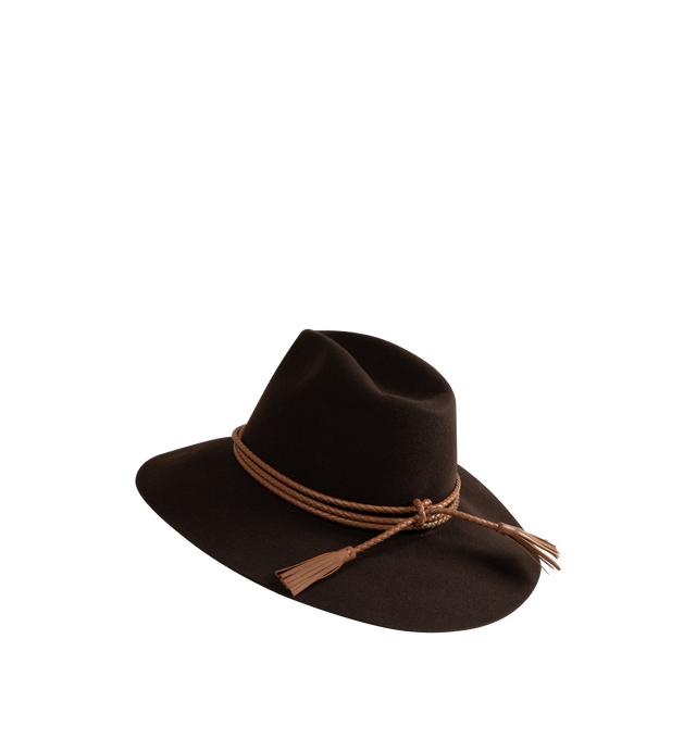 Image 2 of 2 - BROWN - Moncler Grenoble One Size Wool Wide Brim Hat is crafted from wool felt and features a structured wide-brim silhouette inspired by western mountain codes. This refined cold-weather accessory is finished with braided leather cording accented by tassel details. Main Material: 100% Wool. Secondary Material: Cow Leather. One-Size: measures approx 20" in diameter. Made in Italy.