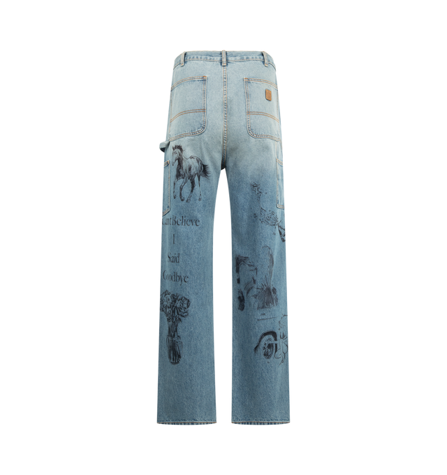 Image 2 of 3 - BLUE - ONE OF THESE DAYS All Over Print Painters Jeans featuring zip fly and button closure, 5-pocket styling and midweight denim fabric. 100% cotton.