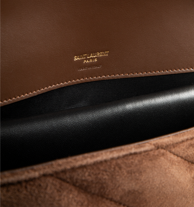 Image 4 of 4 - BROWN - SAINT LAURENT Loulou Medium Bag featuring chain bag in suede with iconic chevron-quilted topstitching, a removable leather pouch and pocket mirror, a sliding chain strap, cotton lining, bronze-tone hardware, magnetic snap closure and one flat pocket. 11.4" x 6.7" x 3.1". Calfskin. Made in Italy.