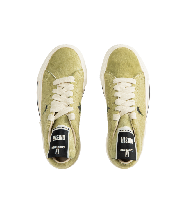 Image 5 of 5 - GREEN - DRKSHDW X CONVERSE Calf Hair Low-Top Sneakers featuring an extra-textured hair-on-hide leather upper with exaggerated width proportions, flat heel, round toe, lace-up vamp, signature DRKSHDW elongated tongue with woven label, custom DRKSHDW Star logo on the side, skateboard One-Star Converse sole, DRKSHDW license plate with pentagram collab logo on the left heel, Converse All-Star logo on the right heel and CX foam cushioned internal midsole.
