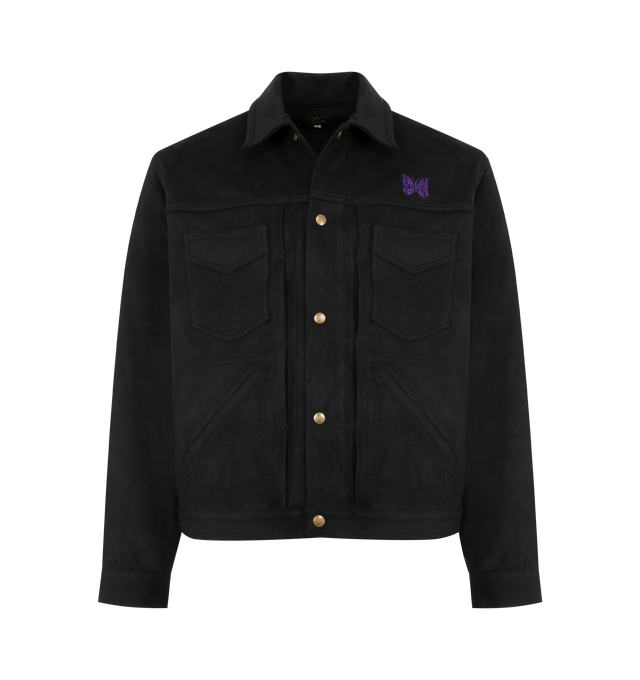 Image 1 of 3 - BLACK - NEEDLES Penny Jean Jacket featuring double chest and front welt pockets with pleated detail, button front closure, collar and buttoned cuffs. Made in Japan.