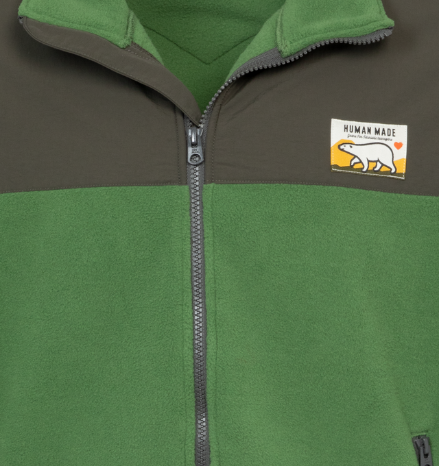 Image 3 of 4 - GREEN - HUMAN MADE fleece jacket with a heart motif on the back and polar bear name tag attached to the front. SHELL: 100% POLYESTER / PARTS: 100% NYLON. 