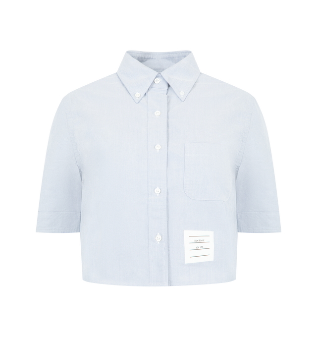 Image 1 of 3 - BLUE - THOM BROWNE Oxford Cropped Shirt featuring front button closure, short sleeves, classic collar, name tag applique and signature striped grosgrain loop tab. 100% cotton. Made in Italy.