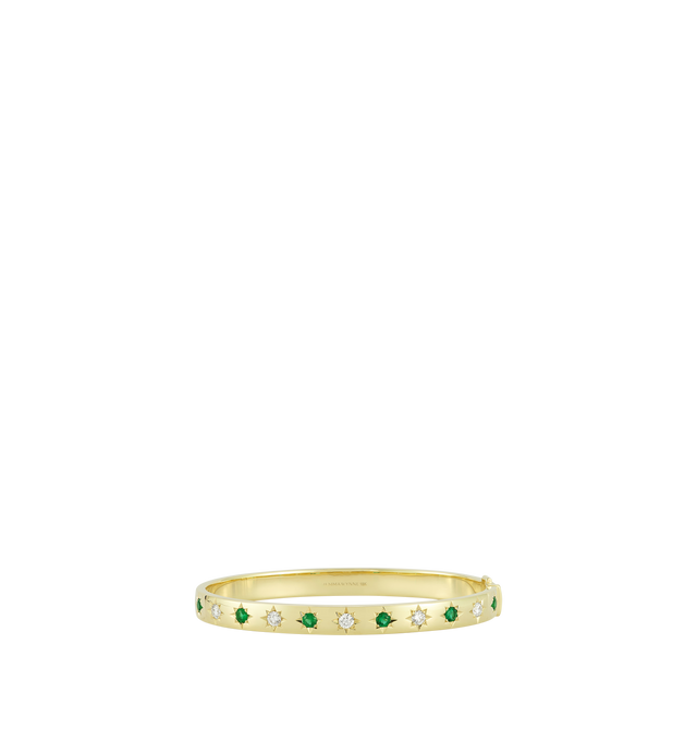 Image 1 of 1 - GOLD - JEMMA WYNNE Anniversary Emerald and Diamond Cuff featuring 11 stones, 18k Yellow Gold. Emeralds- 0.58cts. Diamonds- 0.55cts. Width- 6mm. Hirshleifers offers a range of pieces from this collection in-store. For personal consultation and detailed information about jewelry, please contact our dedicated stylist team at personalshopping@hirshleifers.com.This item may be restricted for online purchase to international clients. For assistance purchasing this item please contact our dedicated