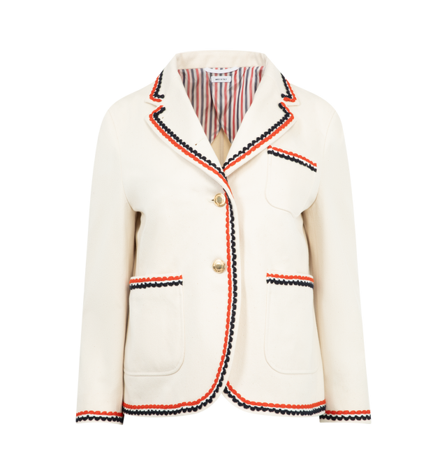 Image 1 of 2 - WHITE - THOM BROWNE Selvedge Denim Cropped Sack Sportcoat featuring scalloped stitching, gold front button closure, 3 front patch pockets, buttoned cuffs with signature striped grosgrain trim, interior pockets with name tag, signature striped grosgrain loop tab and fit 2. 100% cotton. Lining: 100% cupro. Made in Italy.