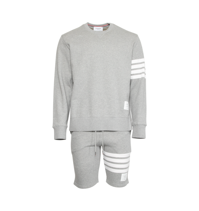 Image 4 of 4 - GREY - THOM BROWNE cotton sweat shorts with pull-on elasticized waist featuring drawcords and stripe detail at leg. 
