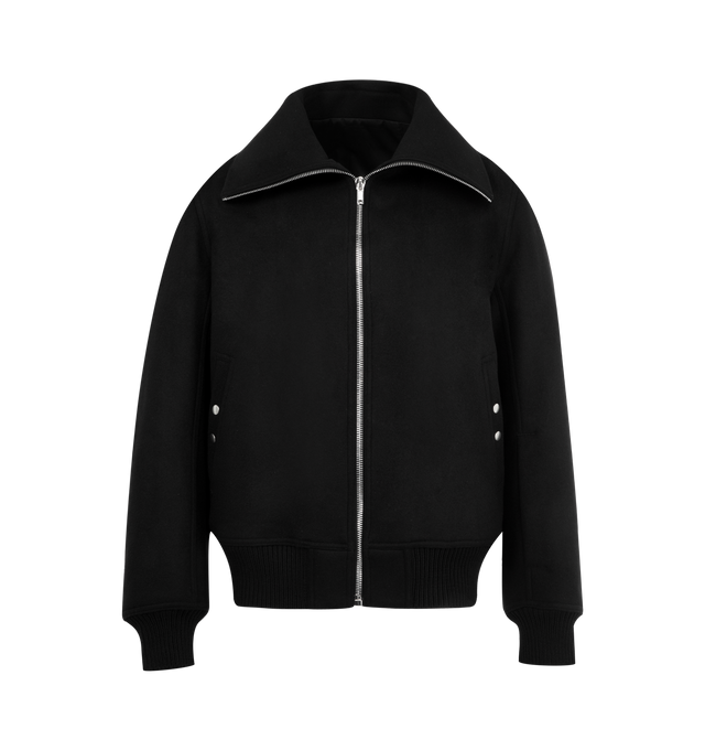 Image 1 of 4 - BLACK - RICK OWENS Blixa Dracucollar Bomber Jacket featuring center front zip fastening, exaggerated funnel neck to be work up or down, dropped shoulder, curved sleeves, rib knit trims, press stud wel pockets, lined and double internal pockets. 100% wool. Made in Italy.