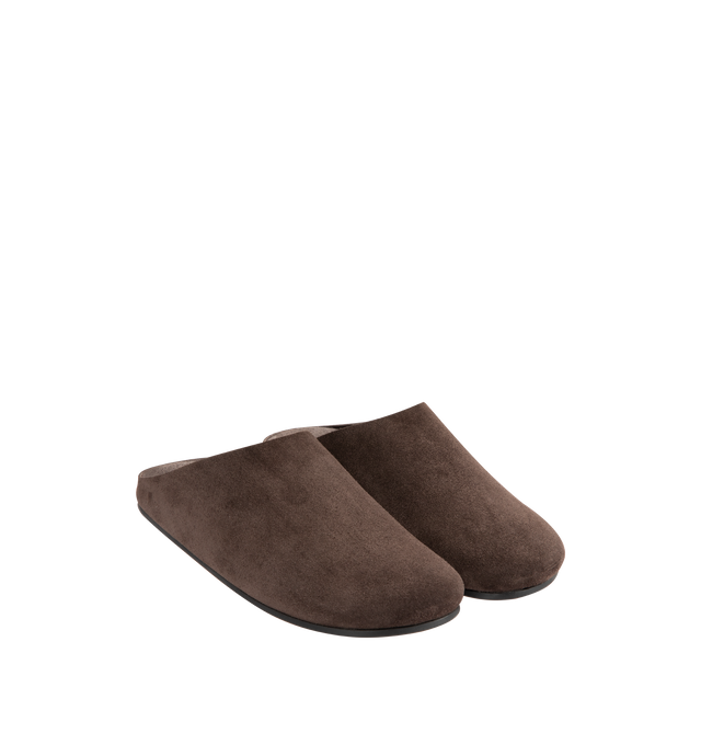 Image 2 of 4 - BROWN - THE ROW Hudson Slide in Suede featuring relaxed slip-on shoe in natural suede with round toe, contoured footbed, and rubber sole. 100% calfskin leather. Rubber sole. Made in Italy.