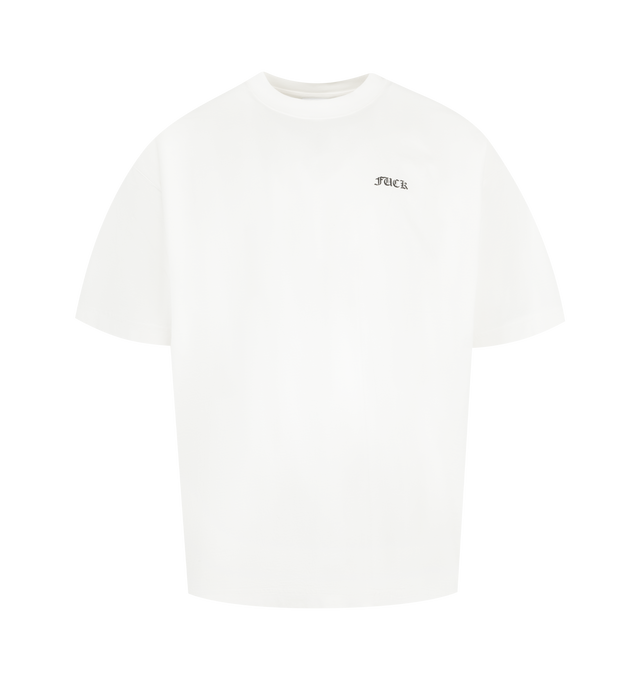 Image 1 of 2 - WHITE - VETEMENTS FU T-shirt featuring rib-knit crewneck, text at front and back, dropped shoulders and short sleeves. 100% cotton.