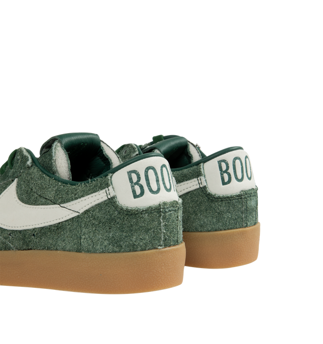 Image 3 of 5 - GREEN - NIKE Blazer Low Devin Booker Chevrolet Team Sneaker featuring supple leather upper in a vibrant hue, signature Booker details, including his jersey number on the heel, low-top silhouette, foam midsole and rubber outsole.