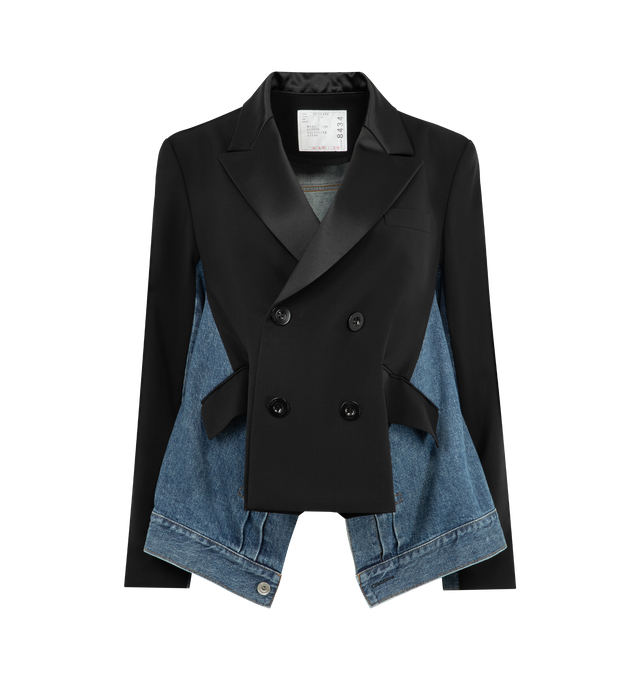 Image 1 of 3 - BLACK - SACAI Wool Suiting x Denim Jacket featuring double-breasted wool jacket, a modern construction, cotton denim panels, notched lapel, buttoned cuffs and adjustable tabs at the waist. 100% wool. 100% cotton. 100% polyester. Lining: 100% cupro. Made in Japan.