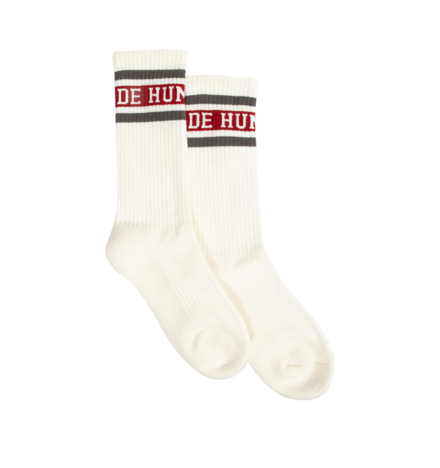 Image 1 of 2 - WHITE - HUMAN MADE Line Socks featuring rib knit, stripe detail and branded detail. 55% cotton, 24% acrylic, 17% polyester, 3% spandex.