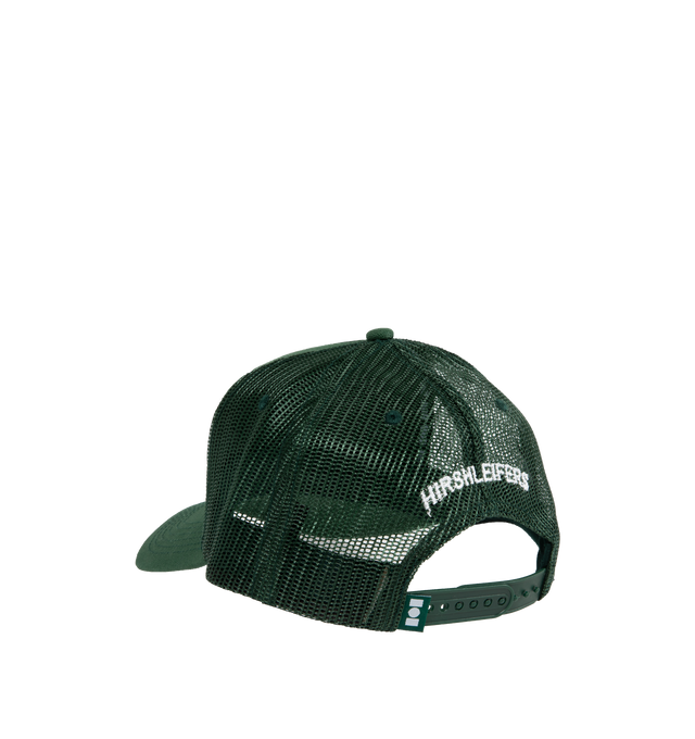 Image 2 of 2 - GREEN - NAHMIAS X HIRSHLEIFERS "Miracle" Trucker hat featuring mesh back, adjustable size and Hirshleifers logo embroidery at the back.