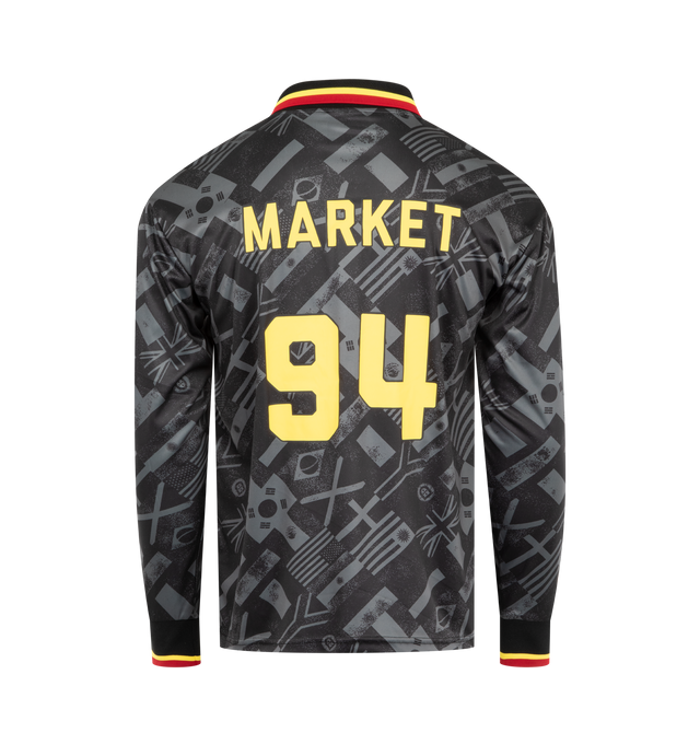 Image 2 of 2 - BLACK - MARKET Smiley International Flags Soccer Jersey featuring pointed collar, long sleeves, ribbed cuffs, smiley and crest logo patches on the front chest and printed brand logo on the front and back. 100% polyester.