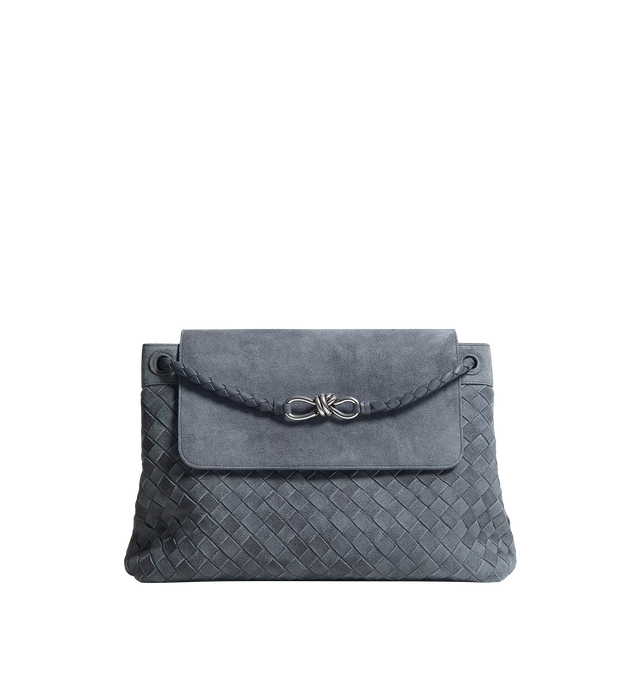 Image 1 of 6 - GREY - BOTTEGA VENETA Andiamo Messenger Bag featuring intrecciato suede leather messenger with denim effect and adjustable detachable cross-body strap, two interior compartments with two flat open pockets and one zipped pocket and flap closure. Lambskin. Lining: canvas. 10.2" x 14.6" x 5.1 Made in Italy.