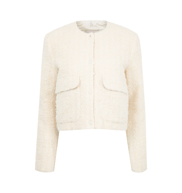 Image 1 of 2 - WHITE - Moncler Dauphin Mixed Media Cropped Jacket has a jewel neck with a snap front closure and front flap pockets. Lined. Made in Romania.