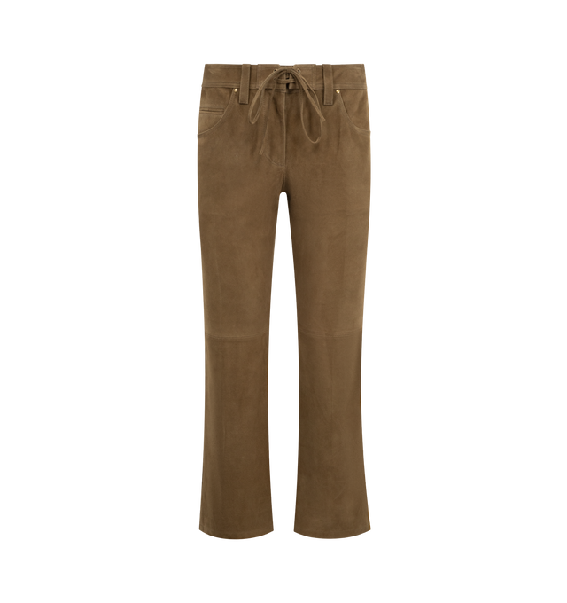 Image 1 of 3 - BROWN - ISABEL MARANT Camilany Suede Pants featuring slim-fit, straight-leg, cropped length, tie waist and partially zipped. 100% goat leather.