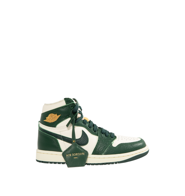 Image 1 of 5 - GREEN - JORDAN Air Jordan 1 Retro High OG Sneaker featuring brushed gold Wings logo, woven Nike Air tongue label, classic lightweight cushioning, padded collar and pristine finishes.